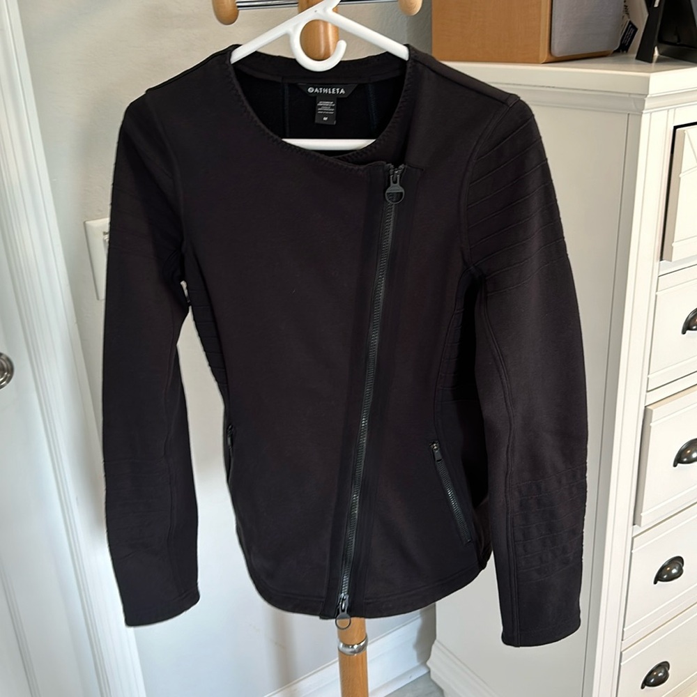 Athleta Black Moto Style Long Sleeve Fleece Full Zip Jacket Size M